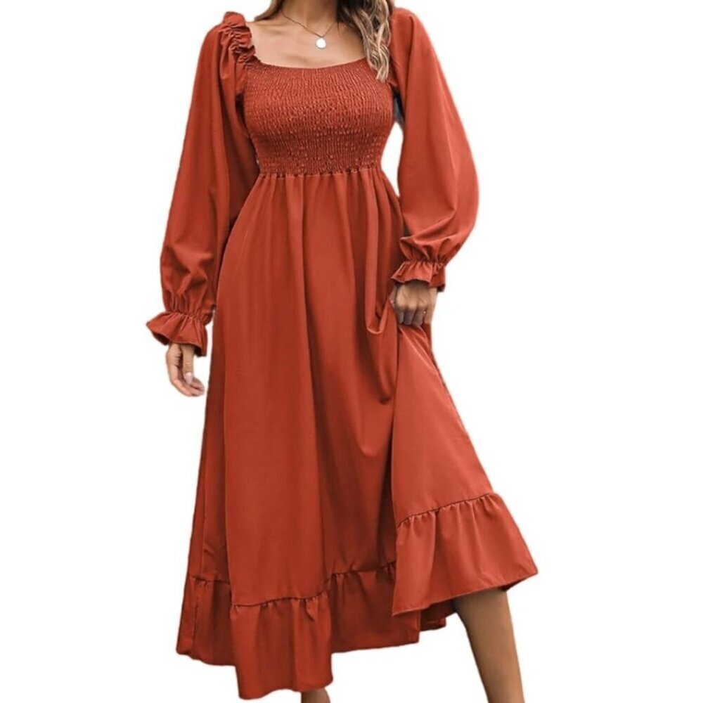 Women's Long Sleeve Ruched Hem Maxi Dress in Rust by Alishebuy. NWT